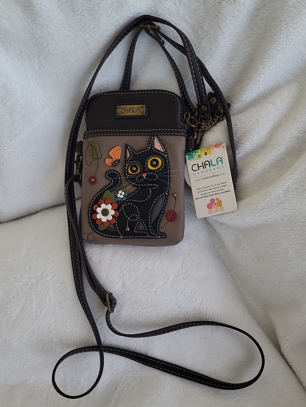 Chala Taupe Crossbody Phone Bag with Black Cat Appliqué NWT